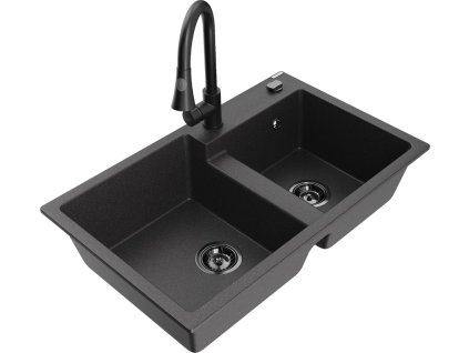 MEXEN/S - Tomas granitový dřez 2-bowl včetně baterie Elia, černá kropenatá 6516-76-670101-70-B