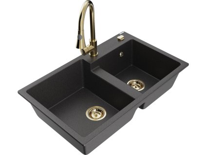 MEXEN/S - Tomas granitový dřez 2-bowl včetně baterie Elia, černá kropenatá 6516-76-670101-50