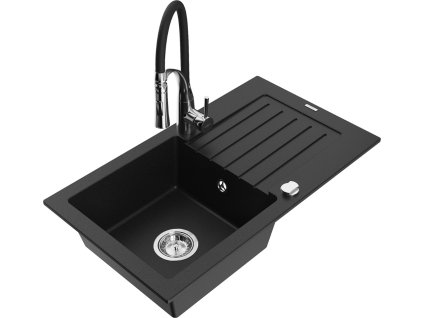 MEXEN/S - Pablo granitový dřez 1 s odkapávačem včetně baterie Aster, černá  6510-77-73450-07