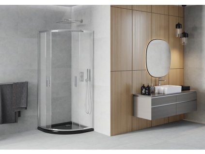 MEXEN/S - Rio čtvrtkruhový sprchový kout 90 x 90, mráz, chrom + vanička se sifonem Flat, černý 863-090-090-01-30-4170