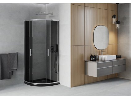 MEXEN/S - Rio čtvrtkruhový sprchový kout 90 x 90, grafit, chrom + vanička se sifonem Flat, černý 863-090-090-01-40-4170