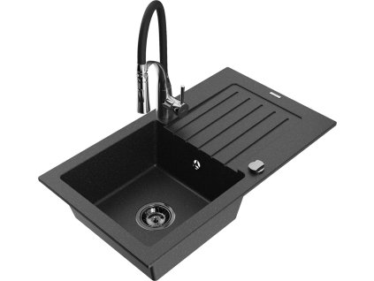 MEXEN/S - Pablo granitový dřez 1 s odkapávačem včetně baterie Aster, černá/stříbrná metalik 6510-73-73450-07-B