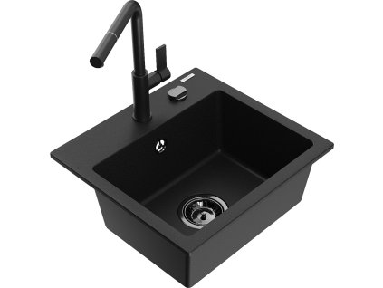 MEXEN/S - Milo granitový dřez 1-miska včetně baterie Flora, černá 6505-77-670401-70-B