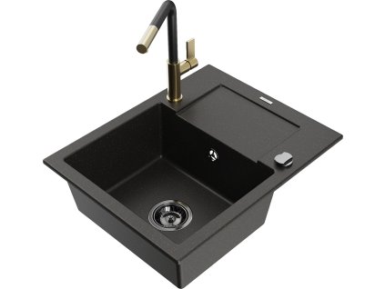 MEXEN/S - Enzo granitový dřez 1-miska s odkapávačem včetně baterie Flora, černá/zlatá metalik 6506-75-670401-57-B  + slevový kód