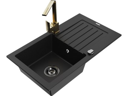 MEXEN/S - Pablo granitový dřez 1-miska s odkapávačem včetně baterie Rita, černý 6510-77-670300-50-B