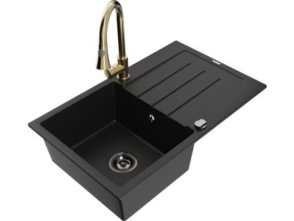 MEXEN/S - Bruno granitový dřez 1 s odkapávačem včetně baterie Elia, černá 6513-77-670101-50-B