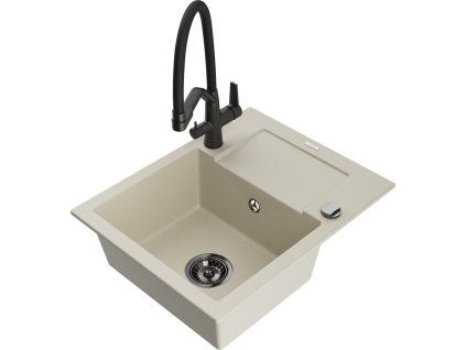 MEXEN/S - Enzo granitový dřez s odkapávačem včetně baterie Duo, béžová 6506-69-671701-70-B