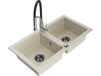 MEXEN/S - Mario granitový dřez 2-bowl včetně baterie Aster, bážová 6504-69-73450-07-B  + slevový kód