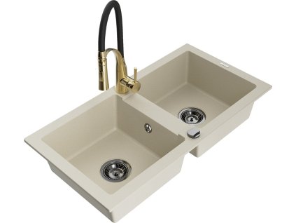 MEXEN/S - Mario granitový dřez 2-bowl včetně baterie Aster, bážová 6504-69-73450-57-B  + slevový kód