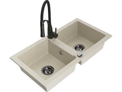 MEXEN/S - Mario granitový dřez 2-bowl včetně baterie Aster, bážová 6504-69-73450-70-B  + slevový kód