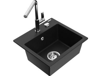 MEXEN/S - Milo granitový dřez 1-miska včetně baterie Flora, černá 6505-77-670401-00