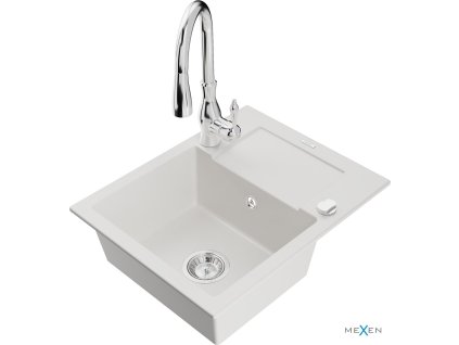 MEXEN/S - Enzo granitový dřez 1 s odkapávačem včetně baterie Savita, bílá 6506-20-672601-00