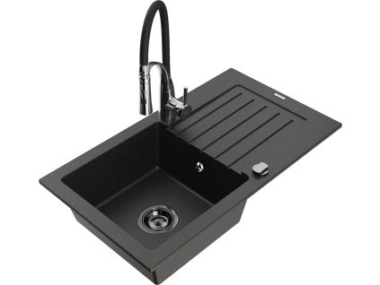 MEXEN/S - Pablo granitový dřez 1 s odkapávačem včetně baterie Aster, černá/zlatá metalik 6510-75-73450-07-B