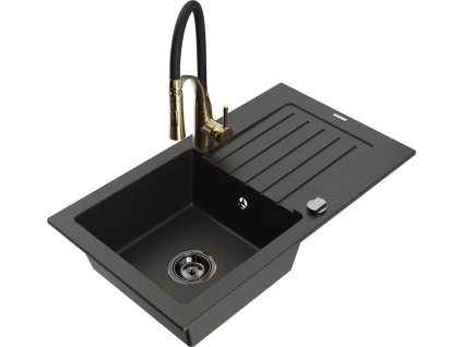 MEXEN/S - Pablo granitový dřez 1 s odkapávačem včetně baterie Aster, černá/zlatá metalik 6510-75-73450-57-B