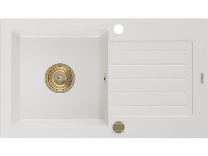 MEXEN/S - Pablo granitový dřez 1 s odkapávačem 752 x 436 mm, bílá, + zlatý sifon 6510751010-20-G