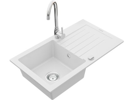 MEXEN/S - Pablo granitový dřez 1 s odkapávačem včetně baterie Telma, bílá 6510-20-670200-00