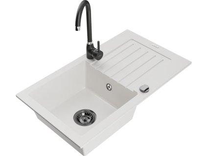 MEXEN/S - Pablo granitový dřez s odkapávačem včetně baterie Telma, bílá 6510-20-670200-70