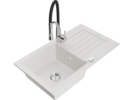 MEXEN/S - Pablo granitový dřez 1 s odkapávačem včetně baterie Aster, bílá 6510-20-73450-07