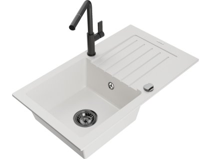 MEXEN/S - Pablo granitový dřez 1 s odkapávačem včetně baterie Flora, bílá 6510-20-670401-70-B
