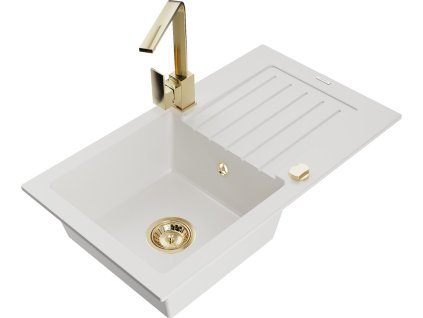 MEXEN/S - Pablo granitový dřez 1-miska s odkapávačem včetně baterie Rita, bílá 6510-20-670300-50