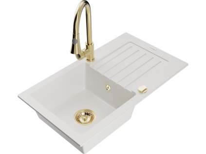 MEXEN/S - Pablo granitový dřez 1 s odkapávačem včetně baterie Elia, bílá 6510-20-670101-50