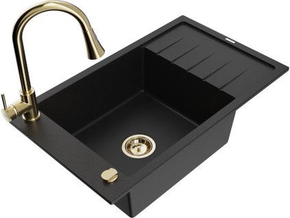 MEXEN/S - Elias granitový dřez 1 s odkapávačem včetně baterie Elia, černá 6511-77-670101-50