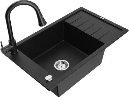 MEXEN/S - Elias granitový dřez 1 s odkapávačem včetně baterie Elia, černá 6511-77-670101-70