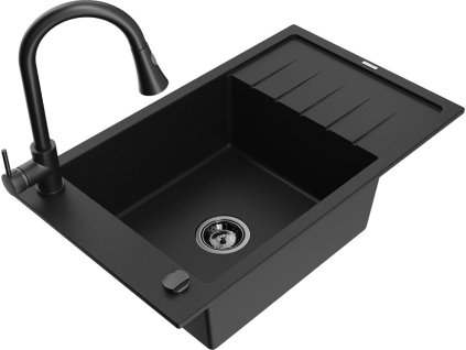 MEXEN/S - Elias granitový dřez 1 s odkapávačem včetně baterie Elia, černá 6511-77-670101-70-B