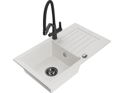 MEXEN/S - Pablo granitový dřez s odkapávačem včetně baterie Duo, bílá 6510-20-671701-70-B