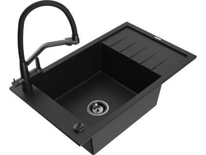 MEXEN/S - Elias granitový dřez s odkapávačem včetně baterie Duo, černá 6511-77-671701-70-B