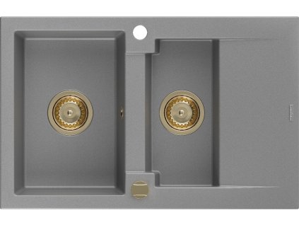 MEXEN/S - Gaspar granitový dřez 1.5 s odkapávačem 737 x 475 mm, šedý, zlatý sifon 6507731505-71-G