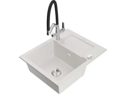 MEXEN/S - Enzo granitový dřez s odkapávačem včetně baterie Duo, bílá 6506-20-671701-07