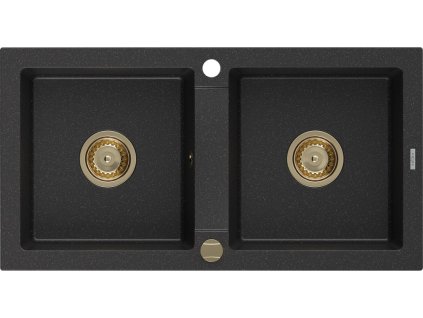 MEXEN/S - Mario granitový dřez 2-bowl 820x436 mm, černý/stříbro metalik + zlatý sifon 6504822000-73-G