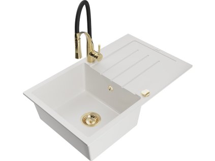 MEXEN/S - Bruno granitový dřez s odkapávačem včetně baterie Aster, bílá 6513-20-73450-57-G