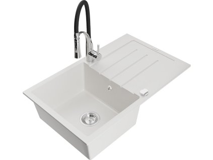 MEXEN/S - Bruno granitový dřez s odkapávačem včetně baterie Aster, bílá 6513-20-73450-07