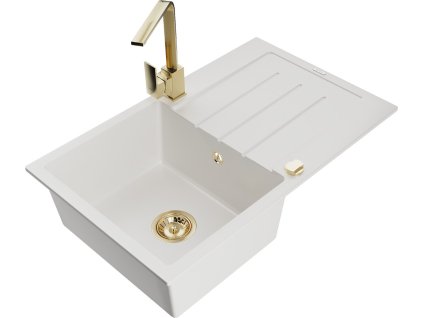 MEXEN/S - Bruno granitový dřez 1-miska s odkapávačem včetně baterie Rita, bílá 6513-20-670300-50