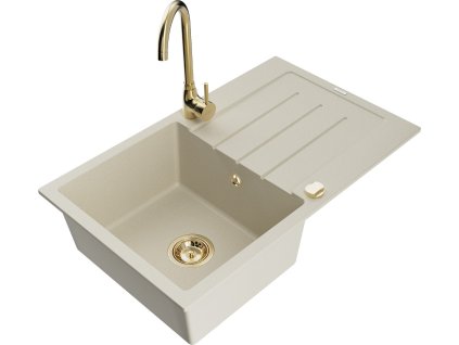 MEXEN/S - Bruno granitový dřez s odkapávačem včetně baterie Telma, béžová 6513-69-670200-50