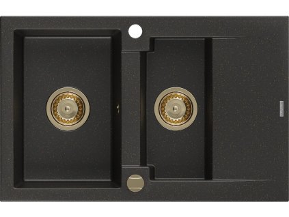 MEXEN/S - Gaspar granitový dřez 1.5 s odkapávačem 737 x 475 mm, černý/zlatý metalik, zlatý sifon 6507731505-75-G