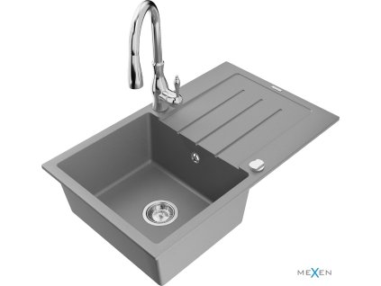 MEXEN/S - Bruno granitový dřez 1 s odkapávačem včetně baterie Savita, šedá 6513-71-672601-00