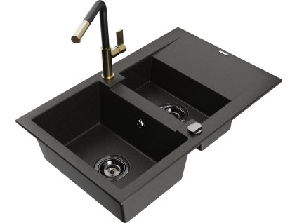 MEXEN/S - Gaspar granitový dřez 1.5 s odkapávačem včetně baterie Flora, černá/zlatá 6507-75-670401-57-B  + slevový kód