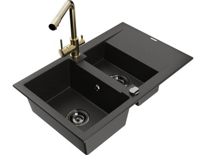 MEXEN/S - Gaspar granitový dřez 1.5 s odkapávačem včetně baterie Duero, černá/zlatá 6507-75-671600-50-B  + slevový kód