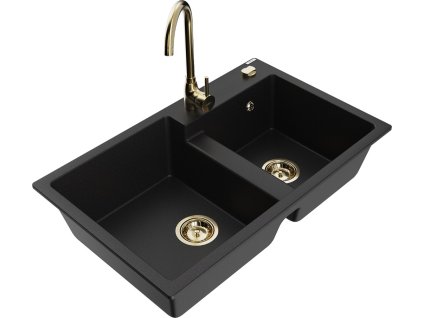 MEXEN/S - Tomas granitový dřez 2-bowl včetně baterie Telma, černá 6516-77-670200-50