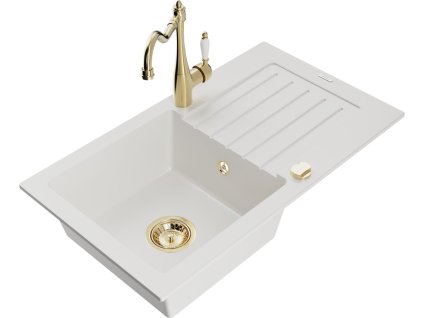 MEXEN/S - Pablo granitový dřez 1 s odkapávačem včetně baterie Carla, bílá 6510-20-670700-50