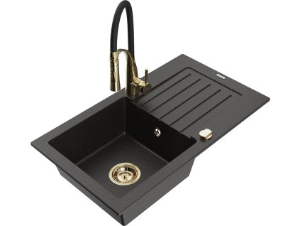 MEXEN/S - Pablo granitový dřez 1 s odkapávačem včetně baterie Aster, černá/zlatá metalik 6510-75-73450-57-G