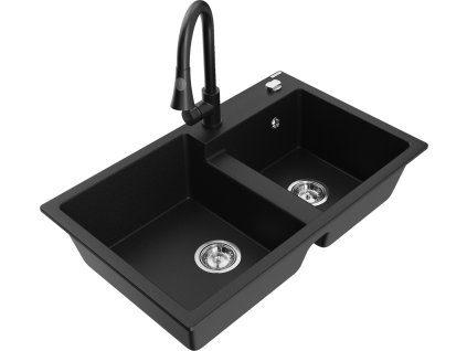 MEXEN/S - Tomas granitový dřez 2-bowl včetně baterie Elia, černá 6516-77-670101-70