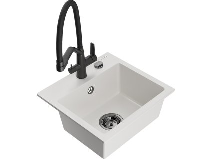 MEXEN/S - Milo granitový dřez 1-miska včetně baterie Duo, bílá 6505-20-671701-70-B