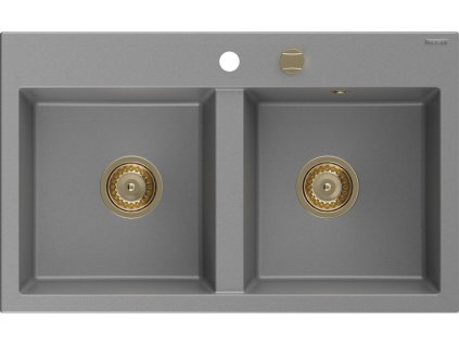MEXEN/S - Hektor granitový dřez 2-bowl 800 x 480 mm, šedá, zlatý sifon 6521802000-71-G