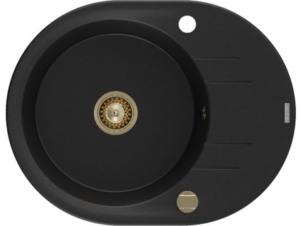 MEXEN/S - Kevin granitový dřez 1 s odkapávačem 586x458 mm, černá, + zlatý sifon 6517581005-77-G