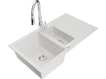 MEXEN/S - Matias granitový dřez 1.5 s odkapávačem včetně baterie Savita, bílá 6502-20-672601-00