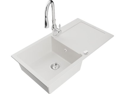 MEXEN/S - Leo granitový dřez 1-miska s odkapávačem včetně baterie Savita, bílá 6501-20-672601-00